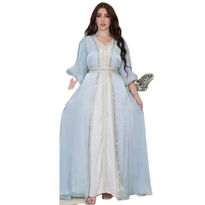 

2 Pieces Abaya Arabic Party Suit Muslim Evening Belted Set Satin Beading Open Abayas+Slip Long Dress Women Matching Sets Kaftan