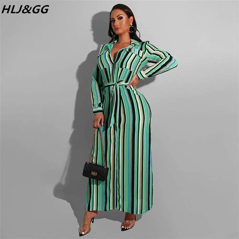 

HLJ&GG Elegant Lady Stripe Print Mid Dress Women Turndown Collar Long Sleeve Belt Dress Fall Fashion Slim Vestidos Dropshipping