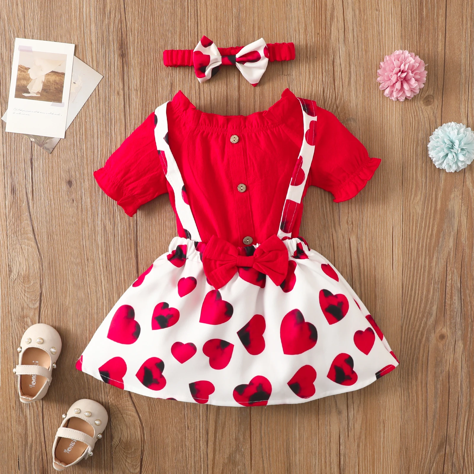 

1-4 Years Lovely Baby Girl Skirt Set, Off Shoulder Short Sleeve Buttoned Solid Tops Heart Suspender Skirt Bow Knot Headband