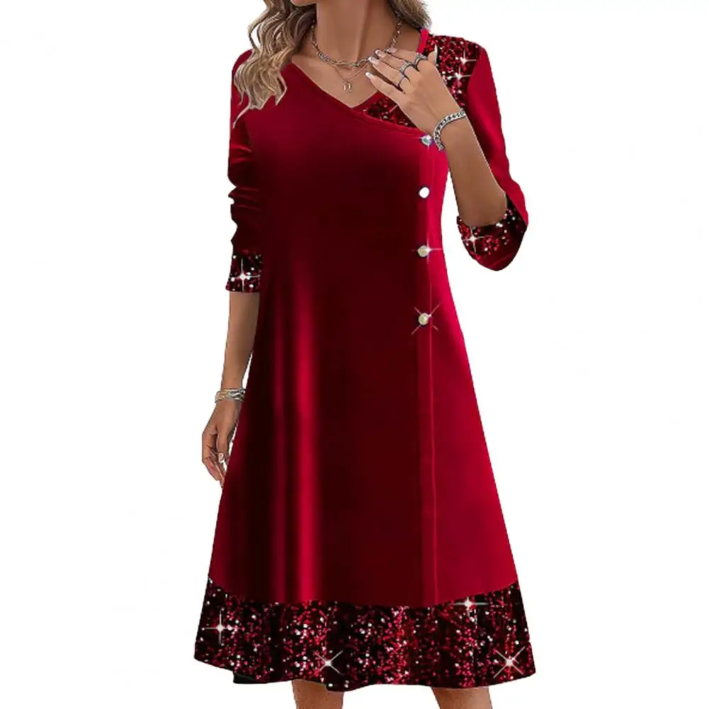 Sequin Embellished Dress Sequin Patchwork V Neck A-line Midi Dress for Fall Winter Women with Long Sleeve Button Decor Soft Warm 
Sequin Embellished Dress Sequin Patchwork V Neck A-line Midi Dress for Fall Winter Women with Long Sleeve Button Decor Soft Warm