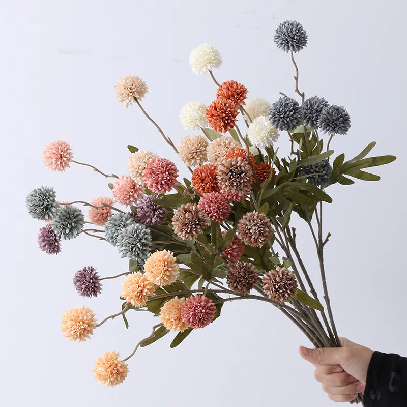 

5 Head Silk Dandelion Flower Ball Chrysanthemum Artificial Flowers Long Branch for Home Wedding Decorations Fake Flowers