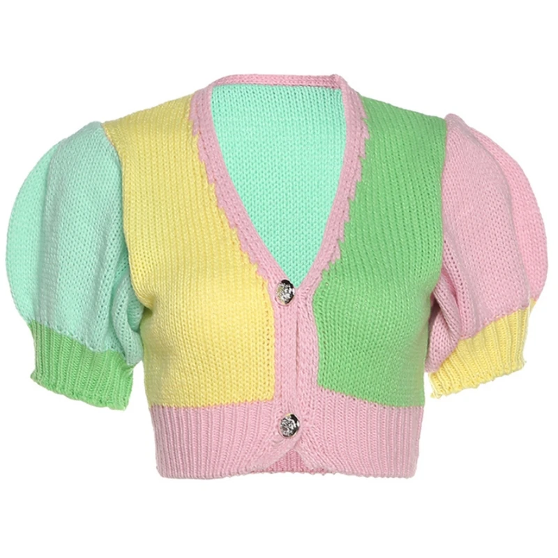 Women Summer Puff Short Sleeve Crop Top Sexy Deep V-Neck Button Front Knitted Sweater Cardigan Harajuku Patchwork
Women Summer Puff Short Sleeve Crop Top Sexy Deep V-Neck Button Front Knitted Sweater Cardigan Harajuku Patchwork