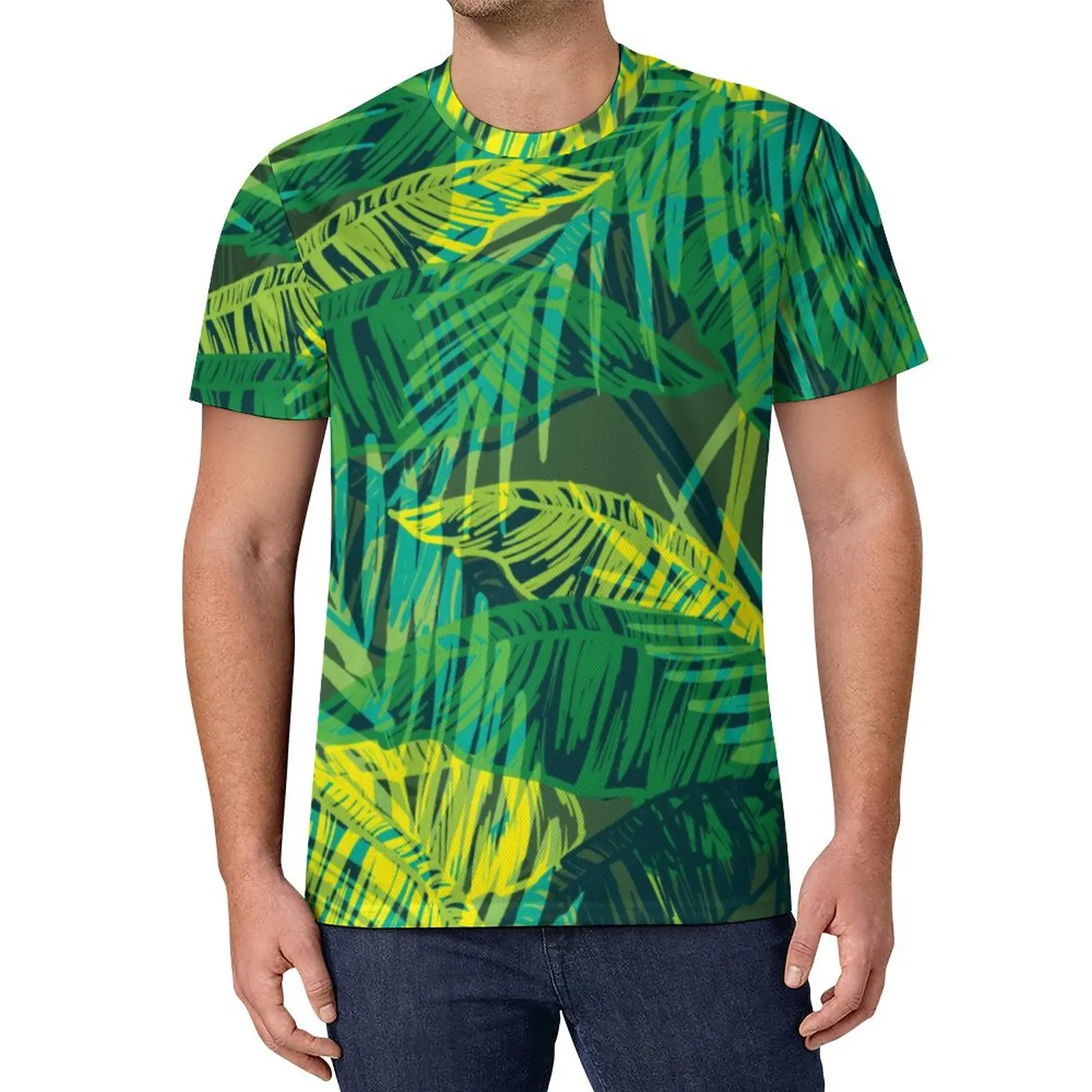 Футболка с принтом зеленых листьев и тропической ладони 
Футболка с принтом зеленых листьев и тропической ладони