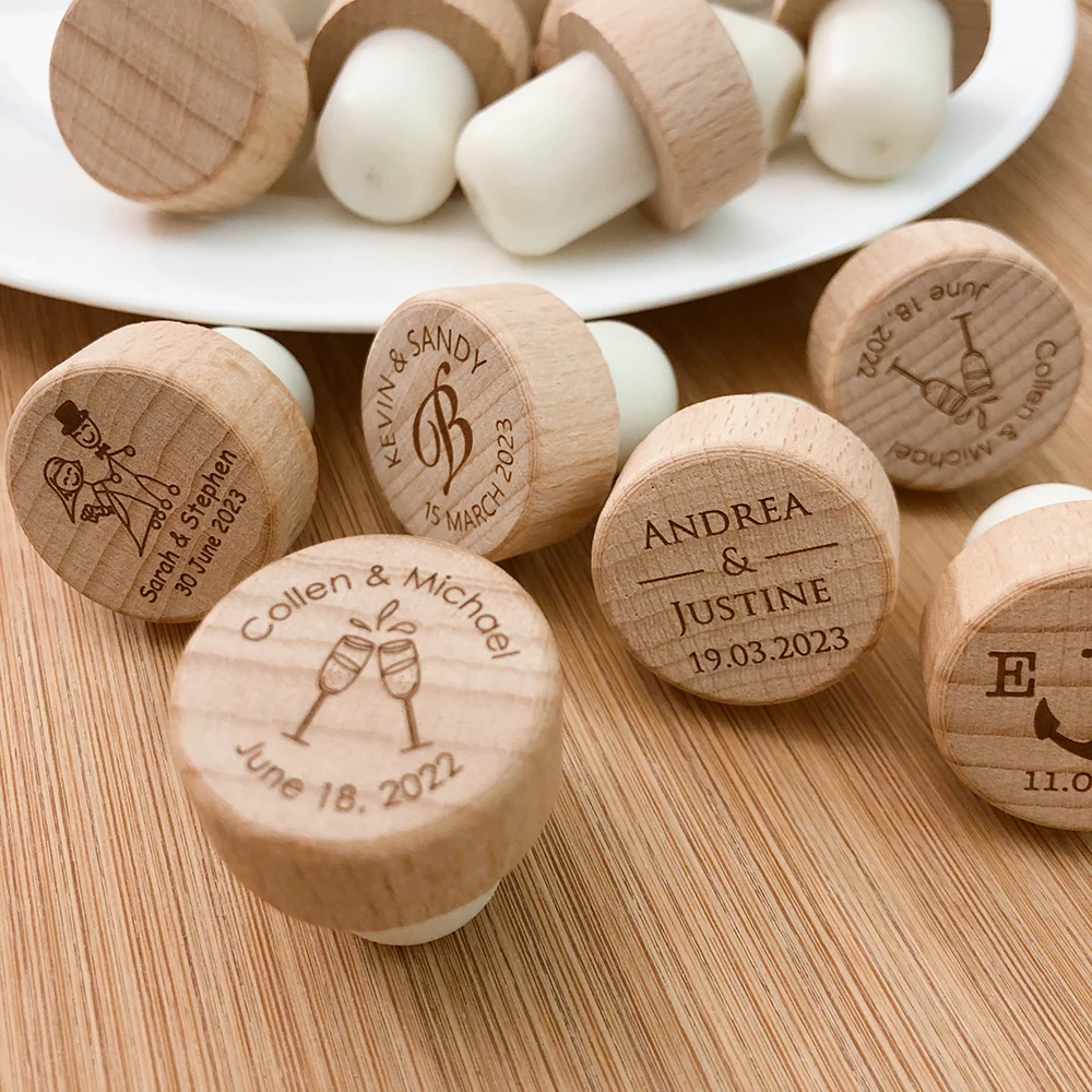 

20pcs Custom Wood Wine Stopper Wedding Party Favor Personalized Wooden Bottle Topper Laser Engraved Name Wedding Gift For Guest