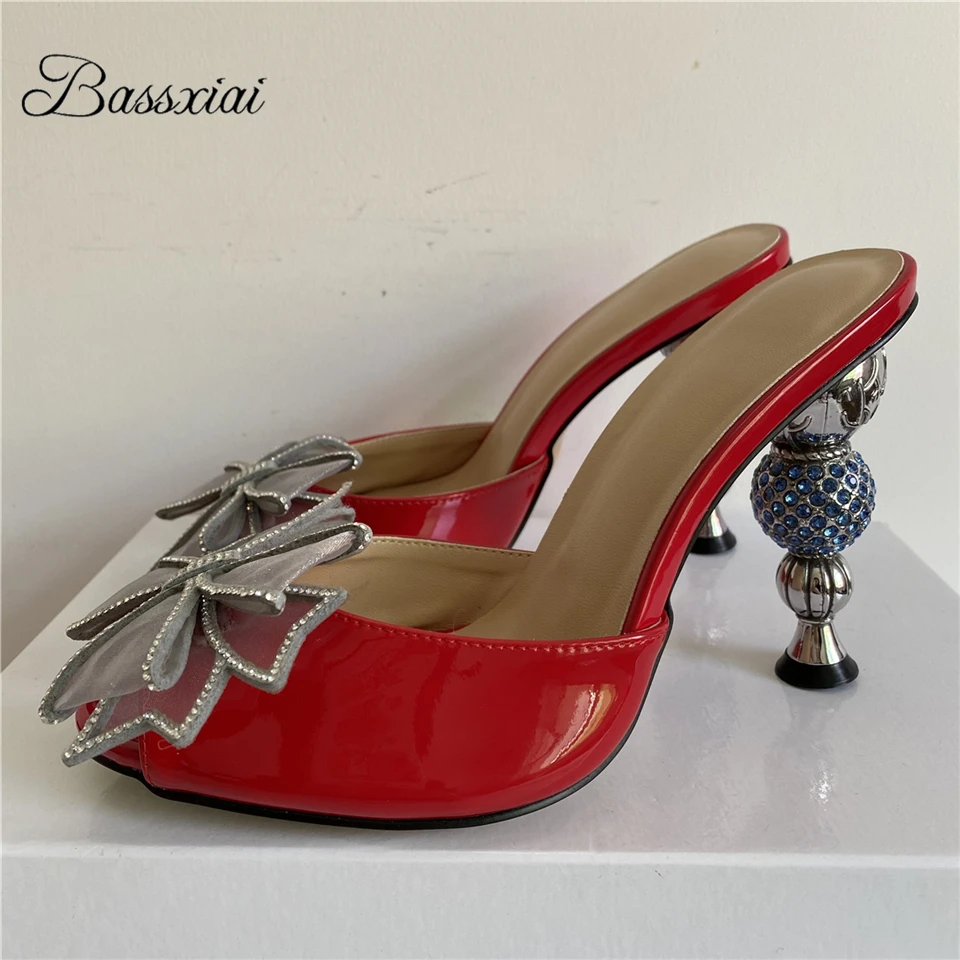 

Diamond Air Mesh Butterfly-Knot Women Sandals For Girls Crystal Strange High Heels Patent Leather Slingbacks Lady Mules