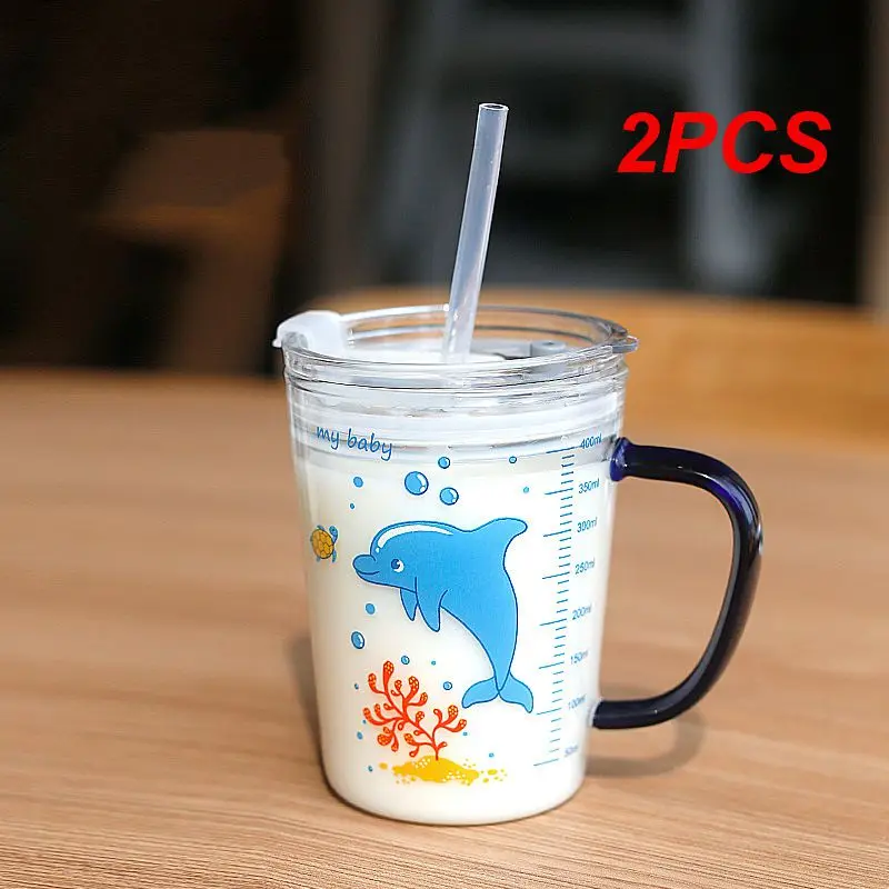 

2PCS 450ml Children's Milk Cup Glass Home Drinking Cup Breakfast Cup Straw Cup Outdoor Camping Water Cup High Quality
