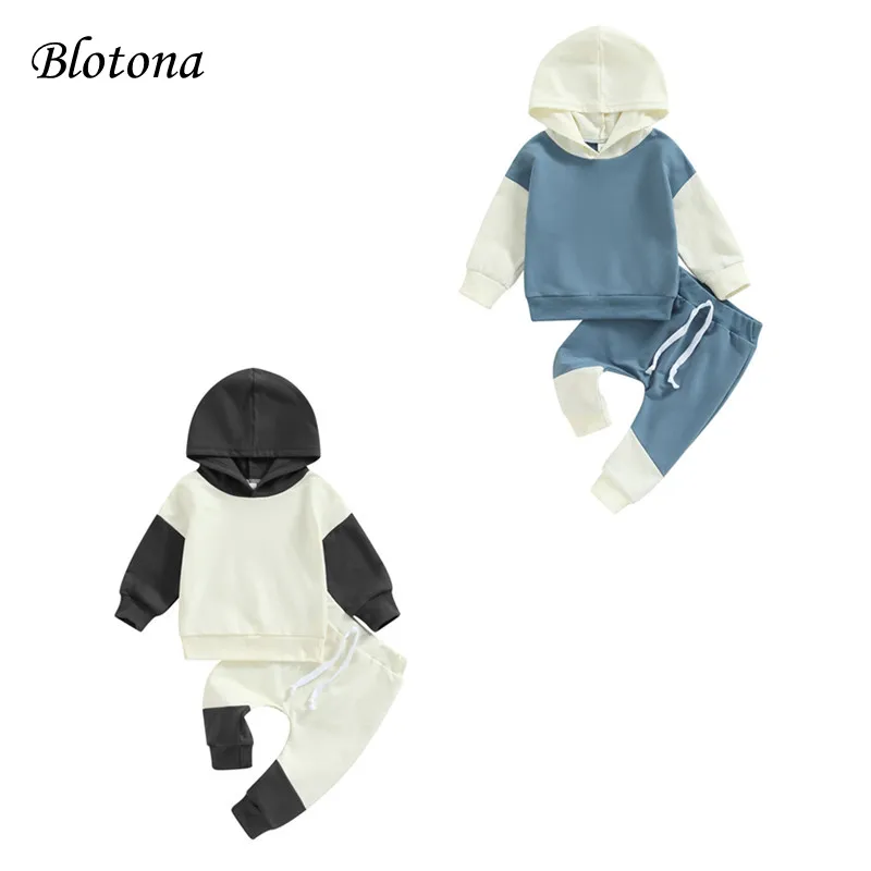 

Спортивный костюм для мальчиков 2 шт. Blotona, пуловер контрастных цветов с длинным рукавом, толстовка с капюшоном и брюки с эластичным поясом, к...