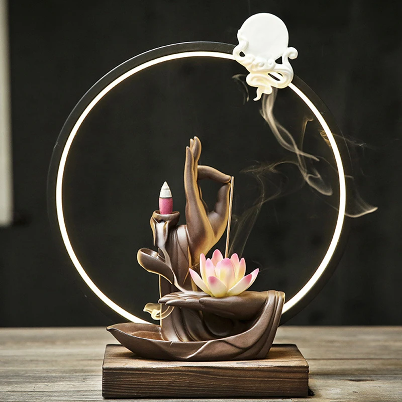Home Desktop LED Light Circle with Backflow Incense Burner Zen Garden Crafts Buddha Hand Lotus Smoke Waterfall Incense Holder
Home Desktop LED Light Circle with Backflow Incense Burner Zen Garden Crafts Buddha Hand Lotus Smoke Waterfall Incense Holder