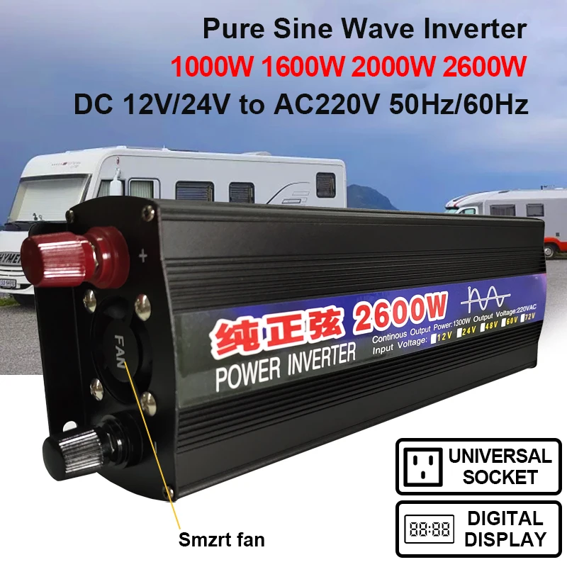 1000W 2000W 2600W inverter 12v 220v Pure Sine Wave DC12V/24V To AC 220V 50HZ Power Converter Booster For Household Car Inverter
1000W 2000W 2600W inverter 12v 220v Pure Sine Wave DC12V/24V To AC 220V 50HZ Power Converter Booster For Household Car Inverter