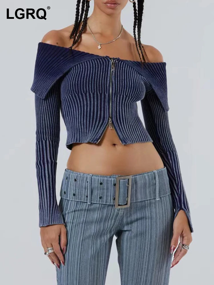 

LGRQ Knitting 2023 Long Trendy Midriff-baring Sexy Sleeve Shirts Women Slimming Spliced Zipper Street Wear Girl Fashion 19F1535