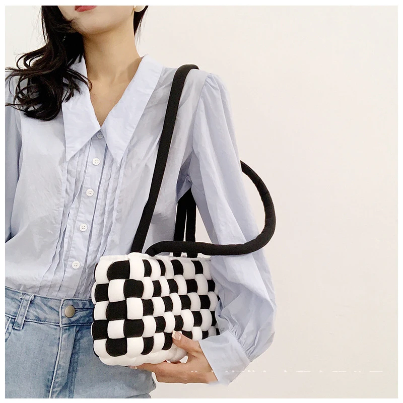 

Brand Fashion Handbag Lady Rope Woven Shoulder Bag Ribbon Checkerboard Underarm Bag Plaid Hand Woven Bag Gift for Girlfriend