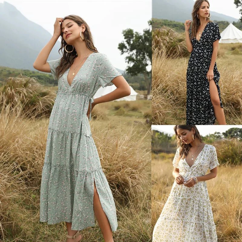 2021 Summer Beach Holiday Dress Women Casual Floral Print Elegant Boho Long Dress Ruffle Short-Sleeve V-neck Sexy Party Robe
2021 Summer Beach Holiday Dress Women Casual Floral Print Elegant Boho Long Dress Ruffle Short-Sleeve V-neck Sexy Party Robe