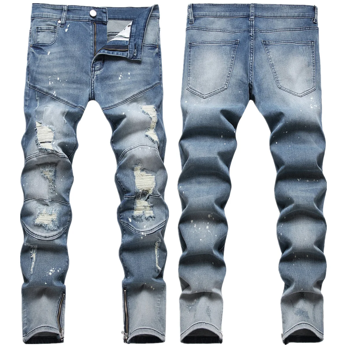 

Vintage Distressed Ripped Jeans Men Fashion Knee Hole Destroyed Frayed Straight Leg Jeans Male Casual Hip Hop Zip Denim Trousers