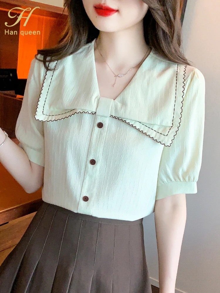 H Han Queen Summer Simple Elegant Single-Breasted Chiffon Blouses Women's Korean Loose Casual Vintage Shirts Office Wear Tops
H Han Queen Summer Simple Elegant Single-Breasted Chiffon Blouses Women's Korean Loose Casual Vintage Shirts Office Wear Tops
