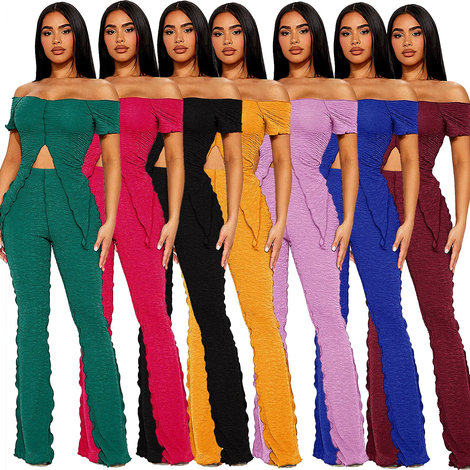 Women Summer Soild Color Clothes Flare Pant Two Piece Outfit Hollow Out Boat Neck Sexy Crop Top Long Pants 2 Piece Sets
Women Summer Soild Color Clothes Flare Pant Two Piece Outfit Hollow Out Boat Neck Sexy Crop Top Long Pants 2 Piece Sets