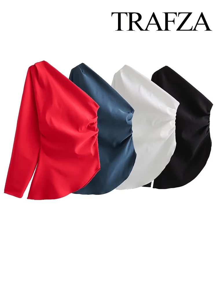 TRAFZA Women Chic Folds Asymmetrical One-Shoulder Tops Woman New Fashion Vintage Casual Design Sense Pleated Decoration Slim Top
TRAFZA Women Chic Folds Asymmetrical One-Shoulder Tops Woman New Fashion Vintage Casual Design Sense Pleated Decoration Slim Top