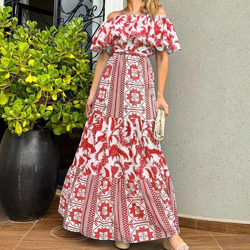 Chic Maxi Dress Ruffle Decor Anti-shrink Long Dress Vintage Pattern Off Shoulder Lady Bohemia Long Dress
Chic Maxi Dress Ruffle Decor Anti-shrink Long Dress Vintage Pattern Off Shoulder Lady Bohemia Long Dress