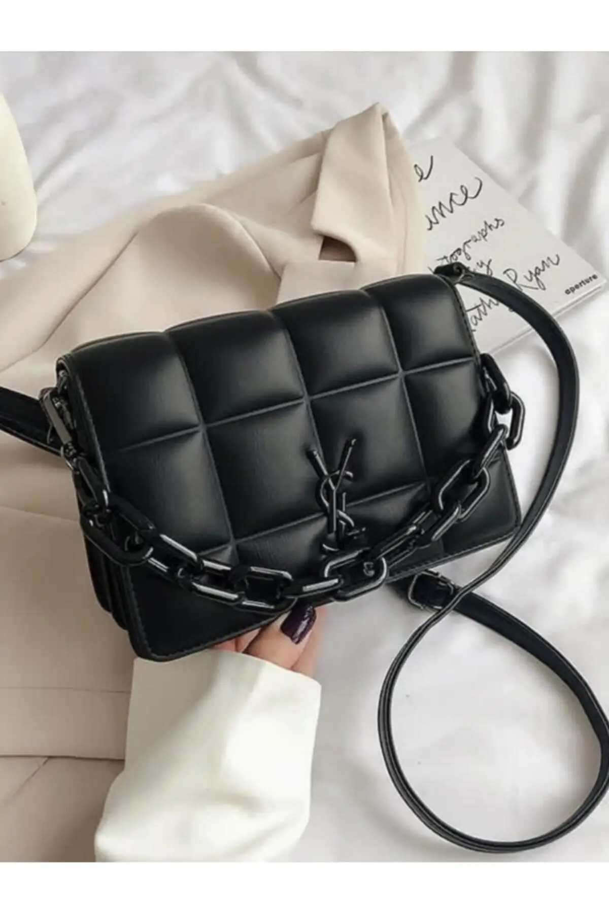 

Women's Black Quilted Square Patterned Chain Accessory Detailed Three Compartment Adjustable Shoulder Strap Bag