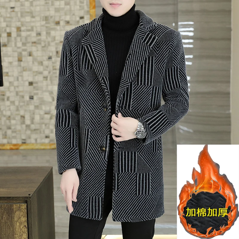 

2023Autumn and winter new men's wool coat in the long section of fashion handsome tweed trench coat trendy fashion tweed jacket