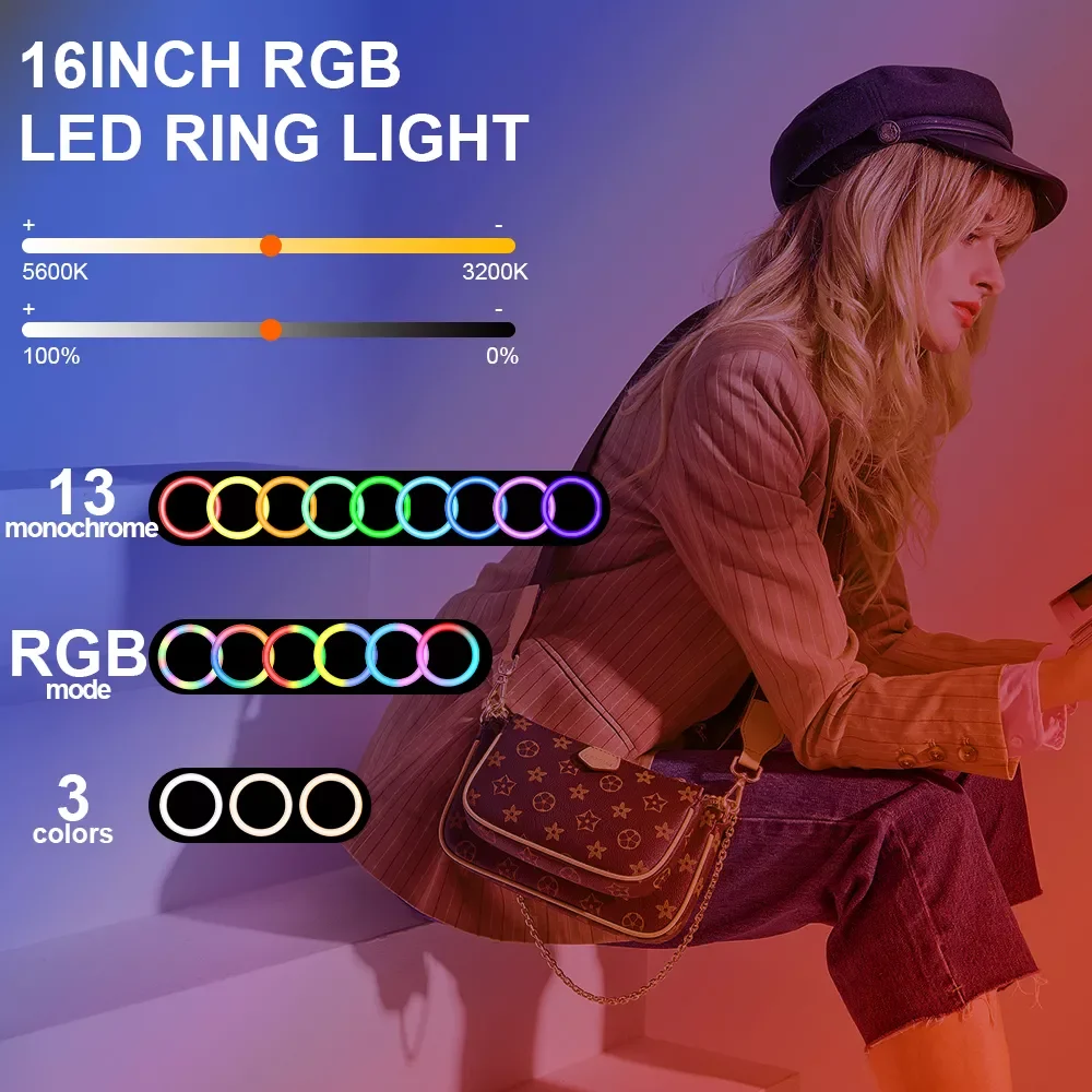 Inch LED Selfie Ring Light RGB Dimmable Ring Lamp with 200cm Tripod Stand Photographic Live Lighting 3 Phone Clips Fill Light
Inch LED Selfie Ring Light RGB Dimmable Ring Lamp with 200cm Tripod Stand Photographic Live Lighting 3 Phone Clips Fill Light