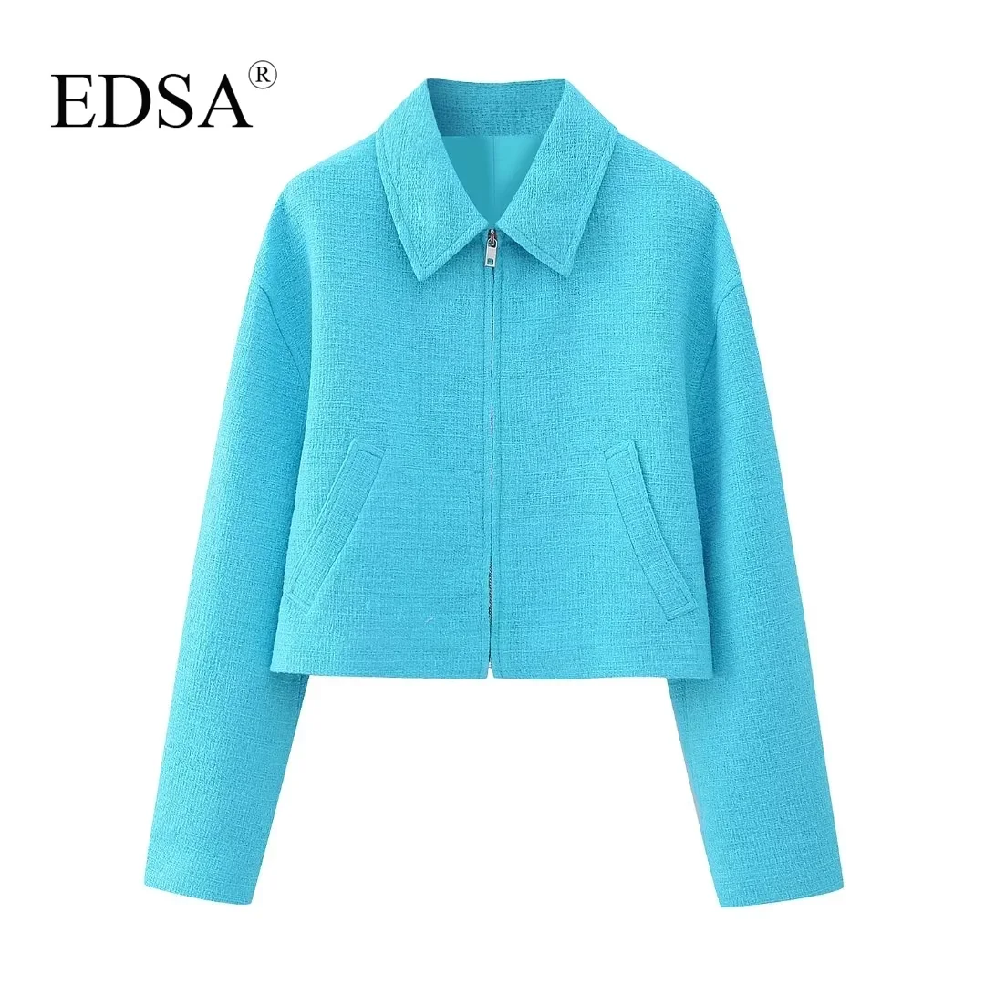 

EDSA Women Fashion Blue Cropped Textured Bomber Jacket Long Sleeves Front Pockets Inner Lining Metal Zip Coat Outerwear