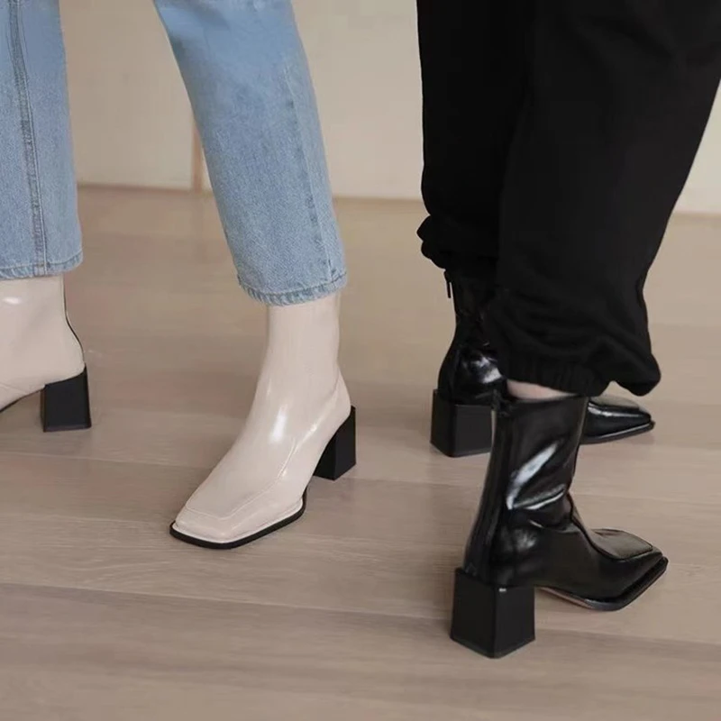 

Женские ботильоны челси с квадратным носком, на молнии сзади, Элегантные короткие ботинки, туфли-лодочки на высоком устойчивом каблуке, новинка 2022