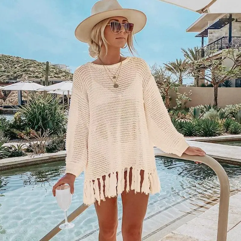 

Beach Coat Hollowed-out Knitted Fringed Blouse Lady Sand Beach Wear Holiday Bikini Jacket Swimsuit Seaside Sunscreen Women B2