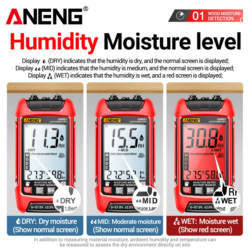 

Измеритель влажности древесины ANENG GN601 0-99.9%, измеритель влажности древесины с дисплеем 20.5% относительной влажности