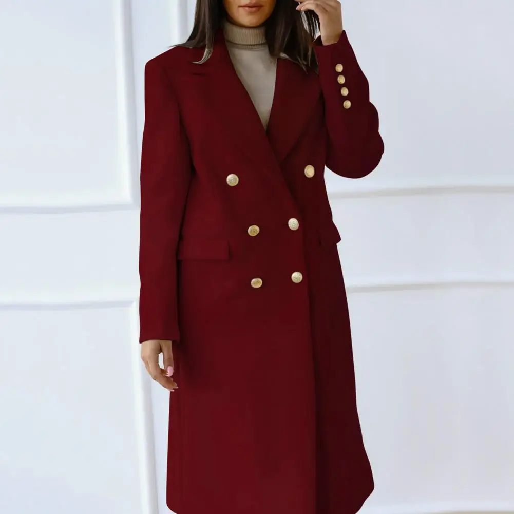 

Women Winter Coat Double-breasted Placket Long Sleeves Lapel Solid Color Buttons Keep Warm Midi Length Woolen Overcoat for Work
