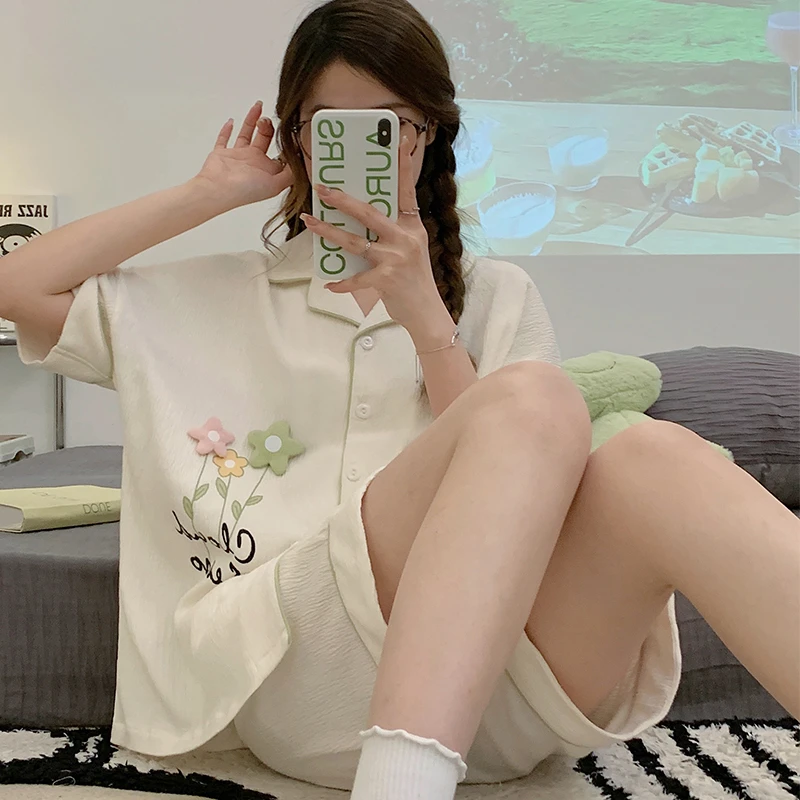 Summer Pajama Sets For Women Adult Flower Printing Sleepwear Cotton Cool Pyjama Pour Femme Sweet Girl Homewear Pijama
Summer Pajama Sets For Women Adult Flower Printing Sleepwear Cotton Cool Pyjama Pour Femme Sweet Girl Homewear Pijama