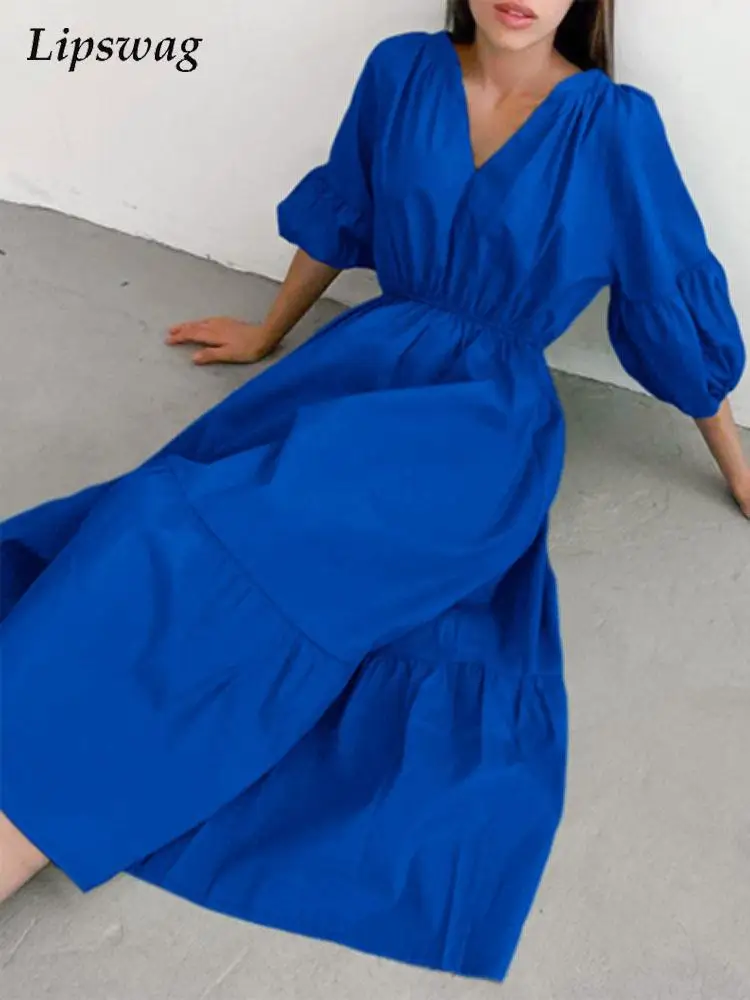 Summer Elegant Solid Lantern Short Sleeve Party Dress Office Lady Fashion V-Neck Long Dress Women 2022 Casual Solid Loose Dress
Summer Elegant Solid Lantern Short Sleeve Party Dress Office Lady Fashion V-Neck Long Dress Women 2022 Casual Solid Loose Dress