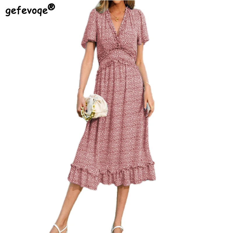 Deep V Neck Short Sleeve High Waist Mid Calf Print Folds Ladies Dresses Summer New Bohemia Fashion Simplicity Clothes for Women
Deep V Neck Short Sleeve High Waist Mid Calf Print Folds Ladies Dresses Summer New Bohemia Fashion Simplicity Clothes for Women