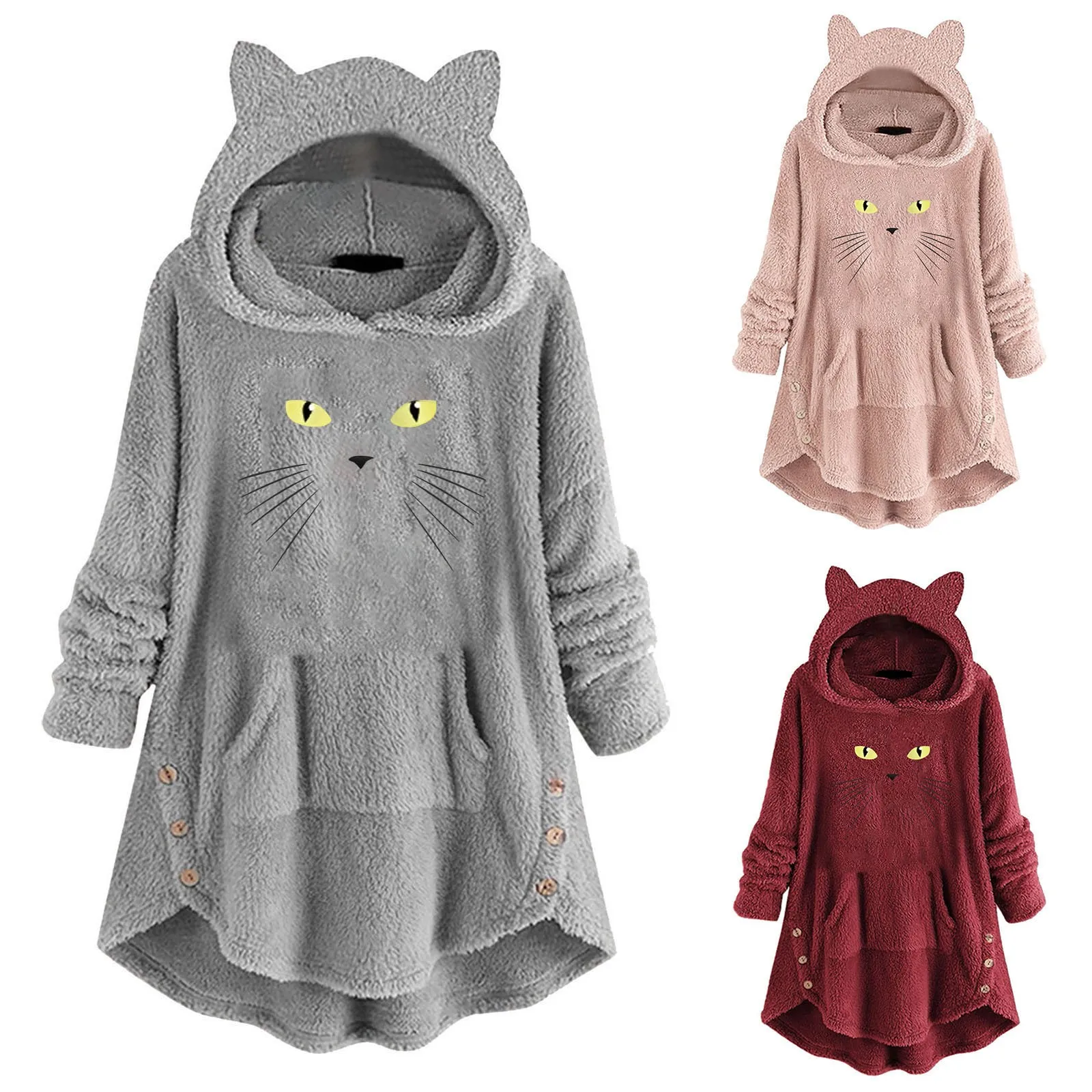 Women'S Fleece Hooded Top Long Sleeve Cute Cat Face Print Loose Pocket Hoodie Pullover Hooded Sweatshirt For Women
Women'S Fleece Hooded Top Long Sleeve Cute Cat Face Print Loose Pocket Hoodie Pullover Hooded Sweatshirt For Women