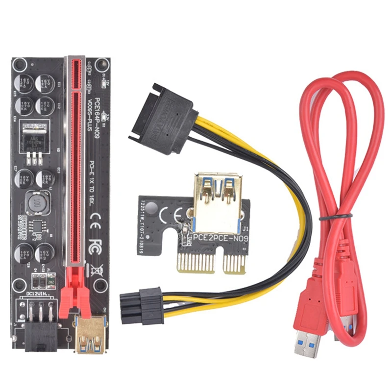 

VER009S-PLUS PCI-E 1X to 16X Riser Card, 8 Solid Capacitors, 6PIN SATA Power Cable, 60 cm USB 3.0 Extension Cable