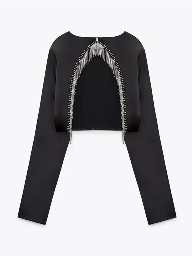 

Женский атласный пуловер с открытой спиной, черный элегантный укороченный топ с круглым вырезом и длинным рукавом, украшенный бусинами и кисточками, одежда для вечеринки