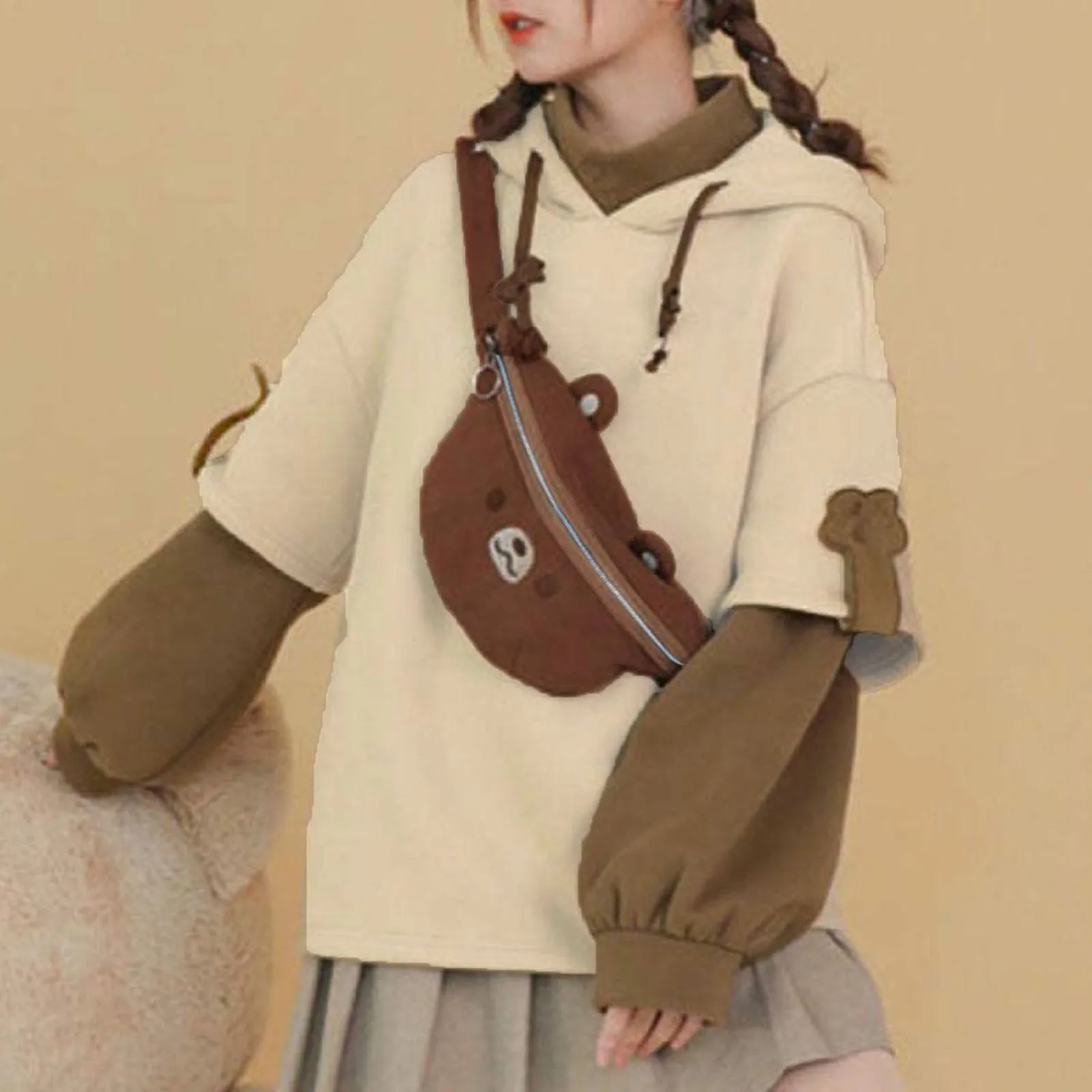 Bear Hoodie For Womens Patchwork Long Sleeve Pullover With Cute Personality Bag Half-Turtleneck Loose Lantern Sleeve Sweatshirts
Bear Hoodie For Womens Patchwork Long Sleeve Pullover With Cute Personality Bag Half-Turtleneck Loose Lantern Sleeve Sweatshirts