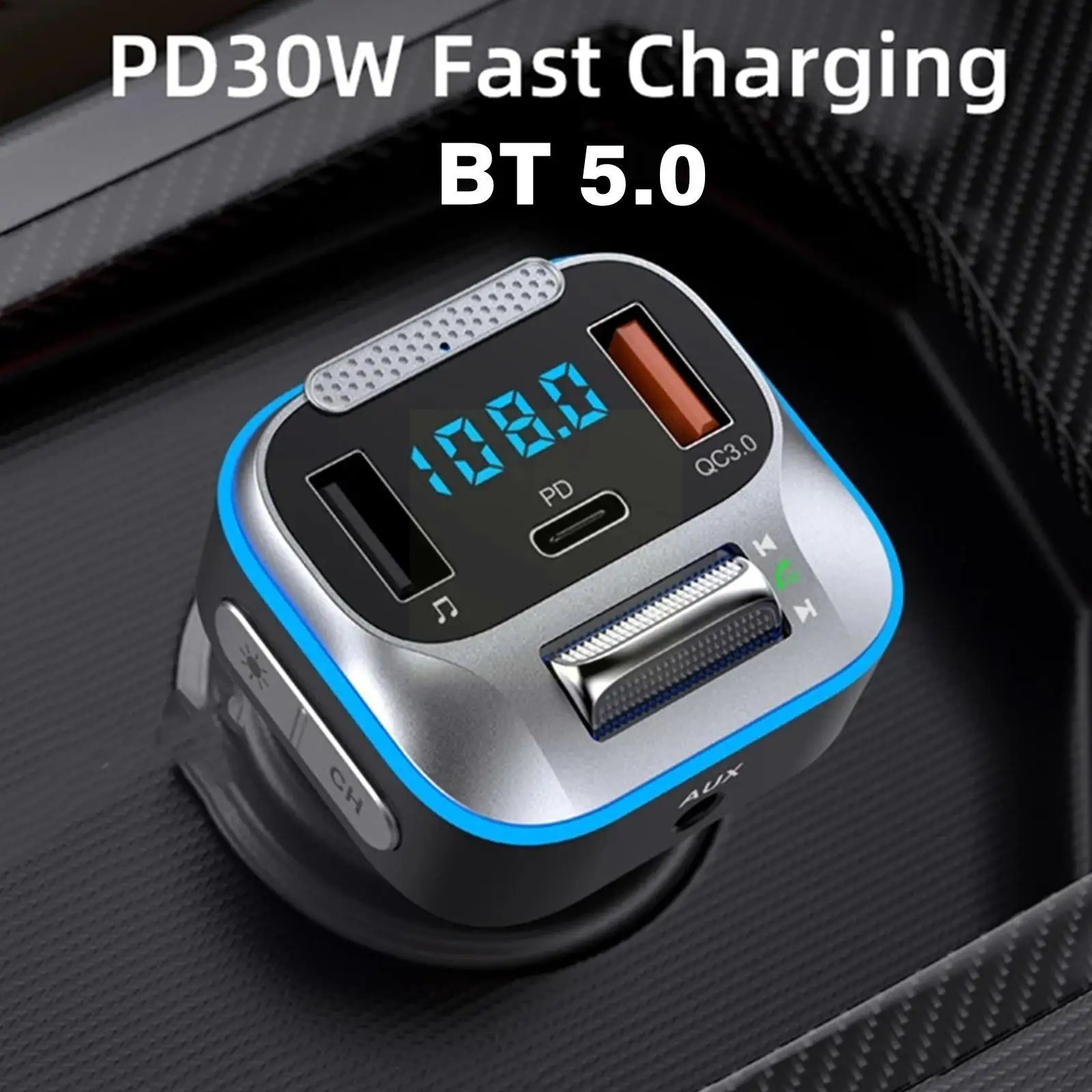 

Bluetooth 5.0 FM Transmitter Hands Free Car Kit Audio Player USB-C 5A MP3 Band Fast PD30W Charger Modulator FM Music QC3.0 T1Q0