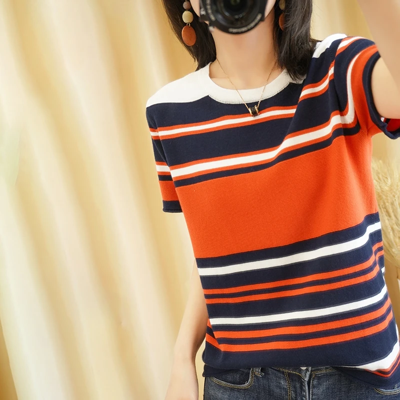2023 Summer Women Casual Pullover Knitted Sweater New Pure Cotton T-shirts Short Sleeve Oversized Round Neck Tees Striped Tops
2023 Summer Women Casual Pullover Knitted Sweater New Pure Cotton T-shirts Short Sleeve Oversized Round Neck Tees Striped Tops