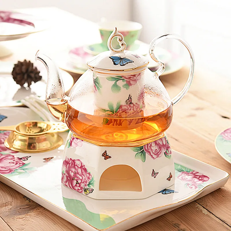 

Ceramic Teapot With Strainer Candle Heating Base Set Vintage Porcelain British Handle Glass Afternoon Tea Pot Home Decoration