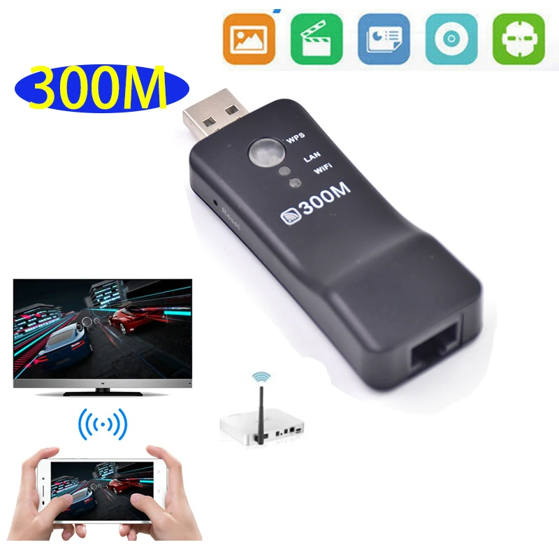 

300Mbps TV Wireless Wifi Adapter USB Network Card RJ-45 Lan WPS Repeater AP Mode for Samsung LG Sony TV Stick Receiver