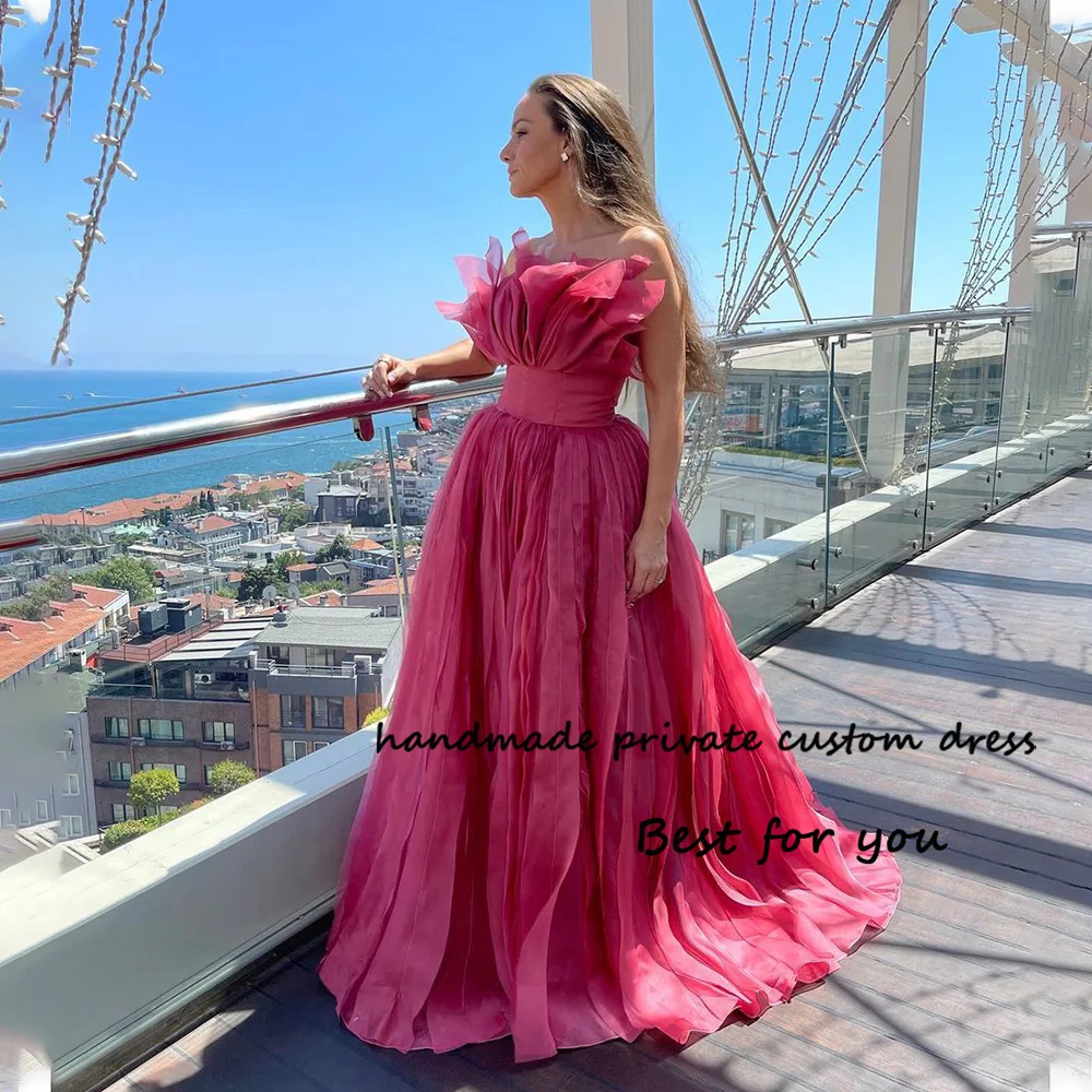 

Watermelon Red Organza Strapless Evening Dress Pleats A Line Luxury Celebrate Event Dress Long Women Prom Party Gown Customized
