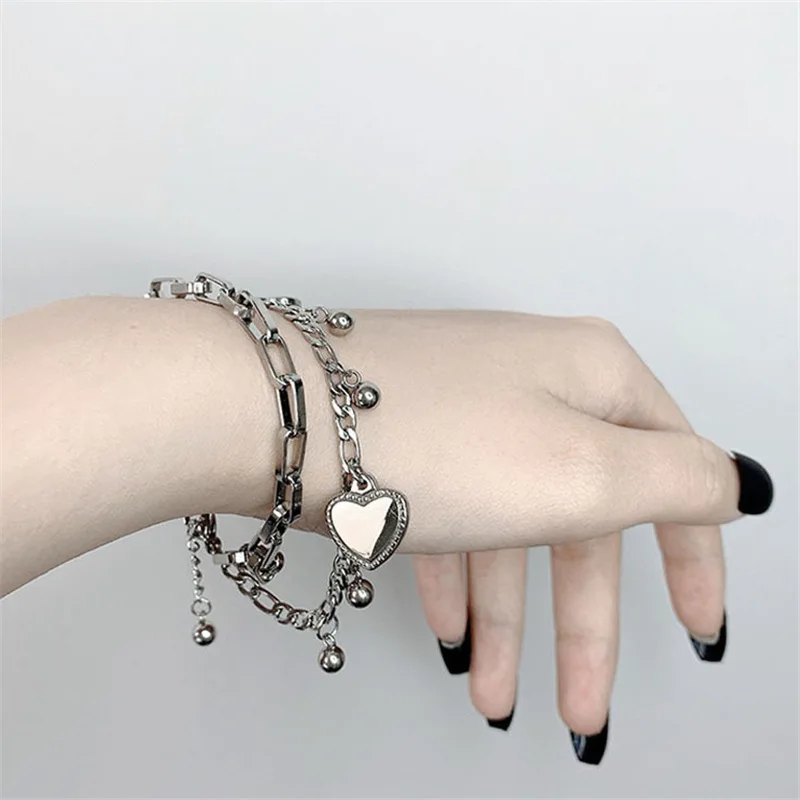 Fashion Heart Bracelets Bilayer Metal Chain Punk Pendant Cool Women Jewelry Charm Trendy Stainless Steel Accessories Teen Gift 
Fashion Heart Bracelets Bilayer Metal Chain Punk Pendant Cool Women Jewelry Charm Trendy Stainless Steel Accessories Teen Gift