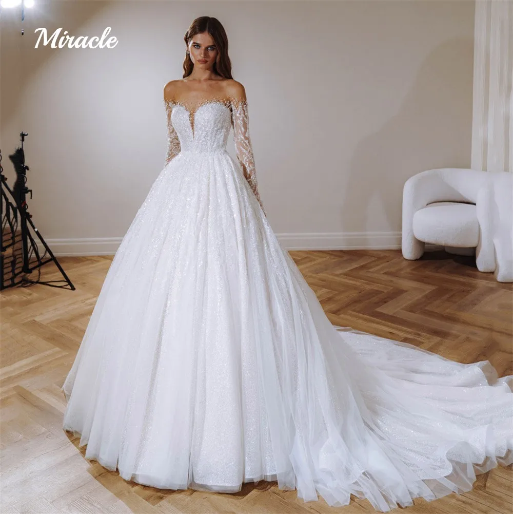 

New Shiny A-Line Wedding Dresses O-Neck Bride Robes Long Sleeves Sexy Illusion Buttons Charming Bridal Gowns Vestidos De Novia