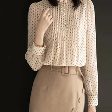 2023 Elegant S-4xl Chiffon Blouse Women Fashion Polka Dot O-neck Pullover Ladies Tops Simple Long Sleeve Office Womens Clothing