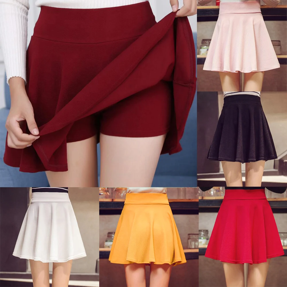 

New Summer A-Line Skirts Women High Waist Stretch Plain Skater Flared Pleated Mini Solid Skirt Short Office Work Causal Skirt
