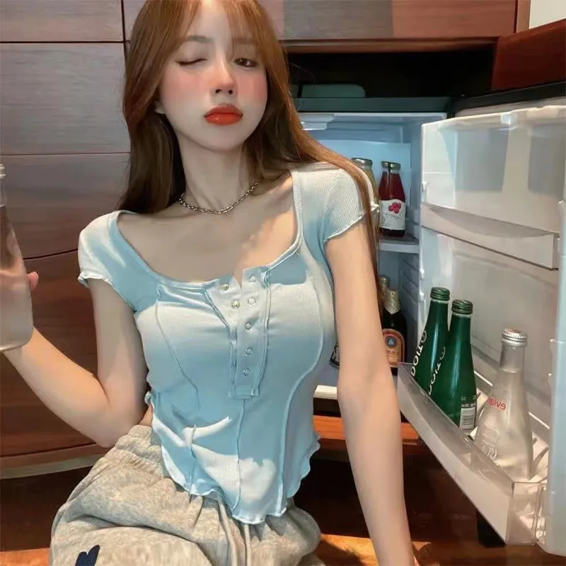Sqaure Neck T-shirt for Women's Summer Short-sleeved Tank Tops Fashion Streetwear Sexy Sweet Slim T-Shirts Clothing Women
Sqaure Neck T-shirt for Women's Summer Short-sleeved Tank Tops Fashion Streetwear Sexy Sweet Slim T-Shirts Clothing Women