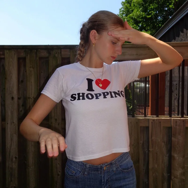 Женский топ с надписью «I LOVE SHOPPING», винтажная модная футболка в стиле Харадзюку с вырезами Kawai, летняя уличная футболка Yk2 с вырезами
Женский топ с надписью «I LOVE SHOPPING», винтажная модная футболка в стиле Харадзюку с вырезами Kawai, летняя уличная футболка Yk2 с вырезами