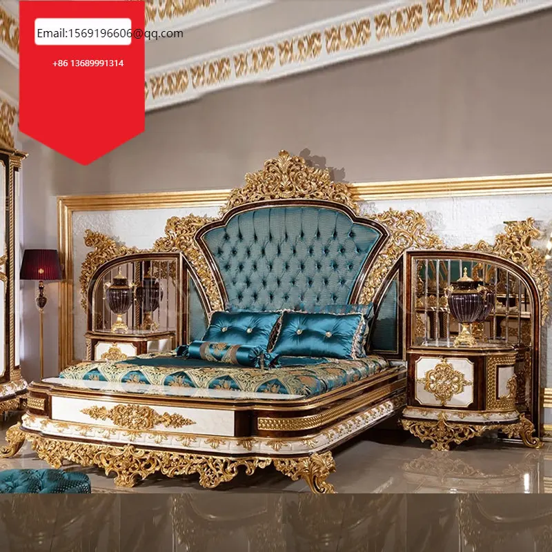 

Custom European solid wood bed luxury cloth gold foil French court log carved double princess bed
