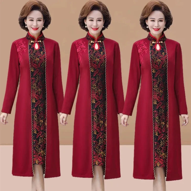 Middle-aged Women Dress Spring Autumn Noble Elegant Cheongsam Dresses Fake Two Piece Embroidered Vestidos Mother Wear 5XL
Middle-aged Women Dress Spring Autumn Noble Elegant Cheongsam Dresses Fake Two Piece Embroidered Vestidos Mother Wear 5XL