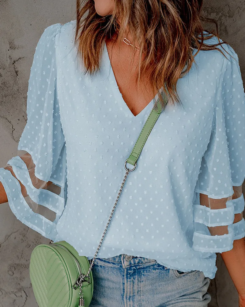 

Bell Sleeve Contrast Mesh Swiss Dot Blouse Women Solid Color V Neck Blouse Top Fashion Casual